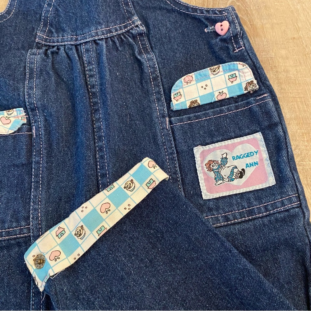 Vintage 80s Raggedy Ann Girls Size 24mo Blue Denim Overalls - Picture 2 of 7